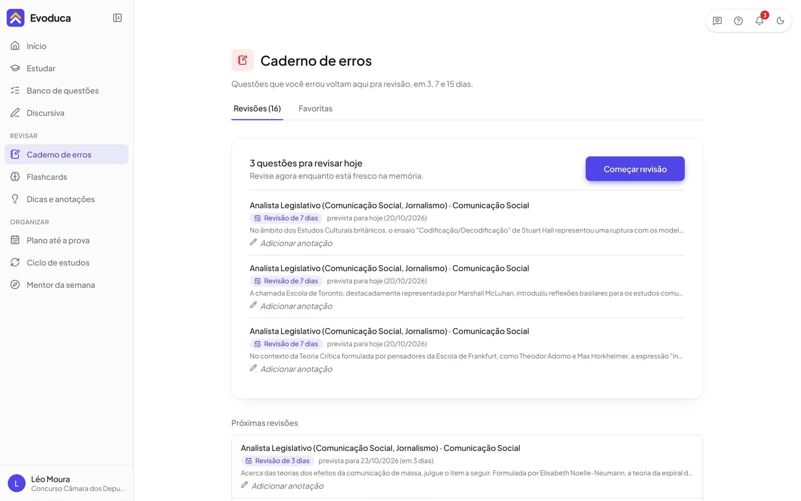 Evoduca no computador: caderno de erros com 3 questões pra revisar hoje e as próximas revisões