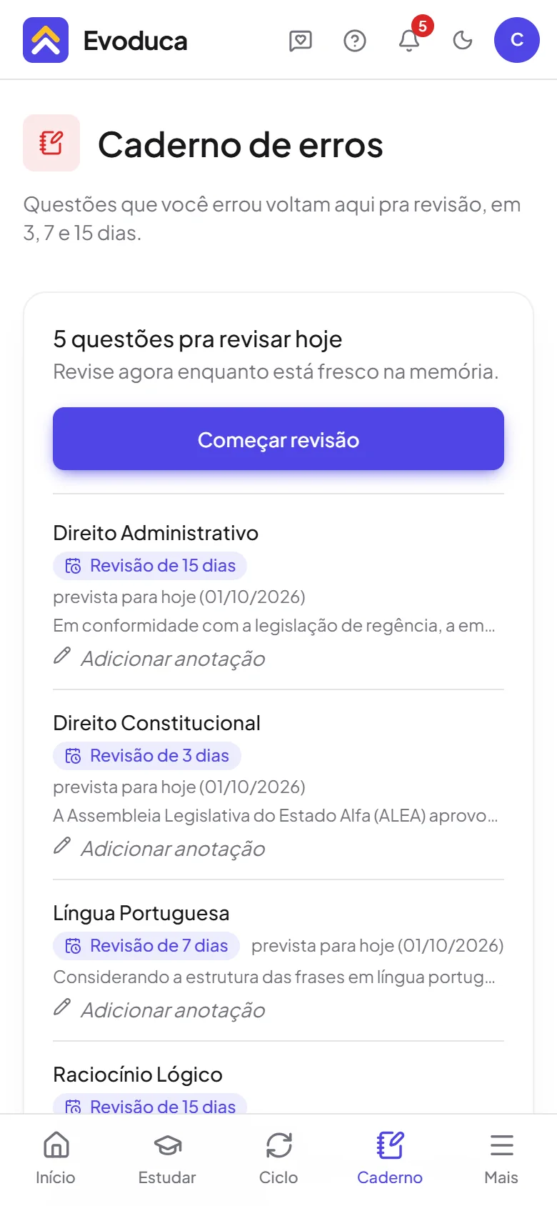 Evoduca no celular: caderno de erros com as revisões de hoje