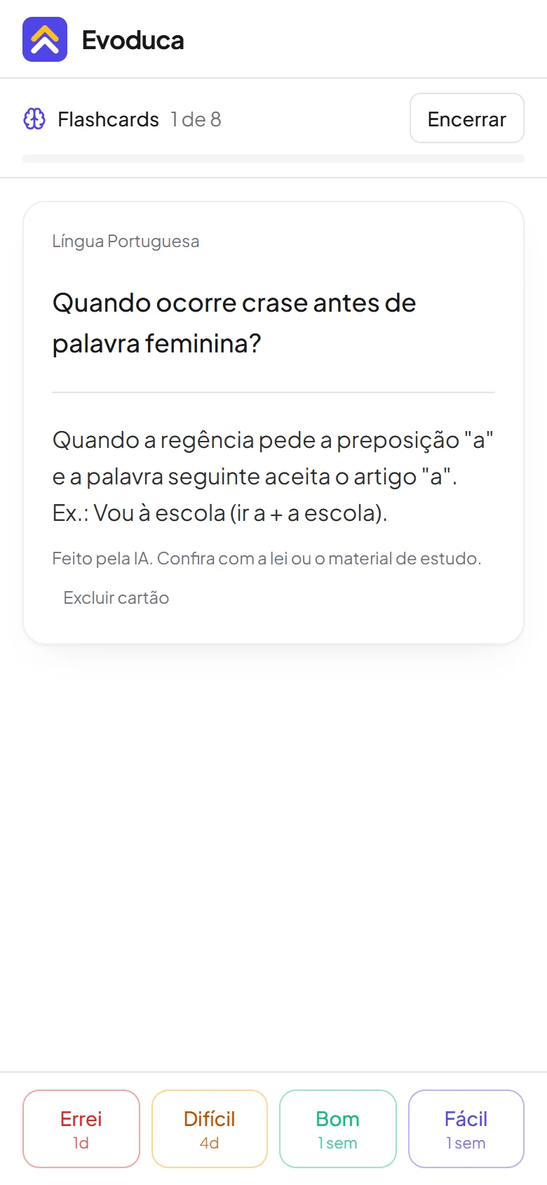 Evoduca no celular: revisão de flashcard com a resposta à mostra