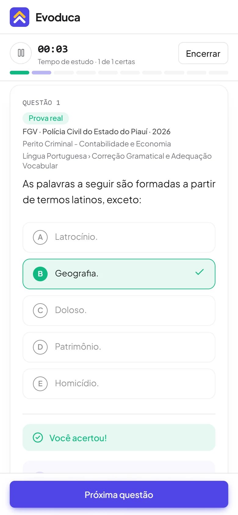Evoduca no celular: questão de prova real respondida, com a alternativa certa marcada em verde